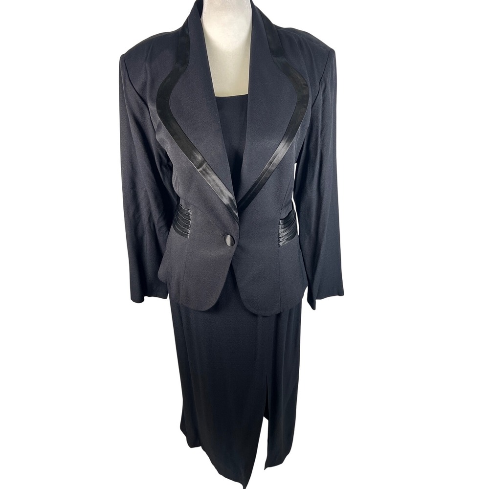 RJ & Co Womens Black Dress Suit Set Satin Trim Blazer Sheath Dress Size 12 90s